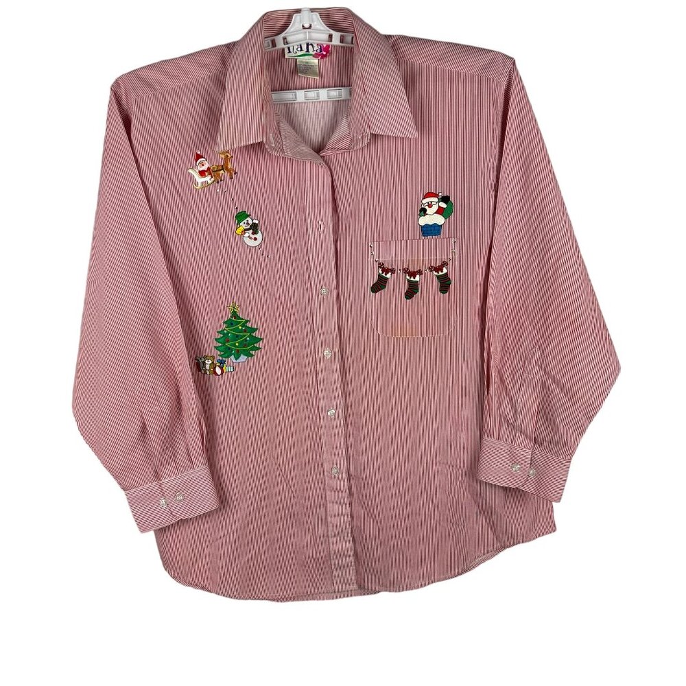 Vintage Hana Christmas-Themed Red & White Striped Womens Button-Up Shirt XL